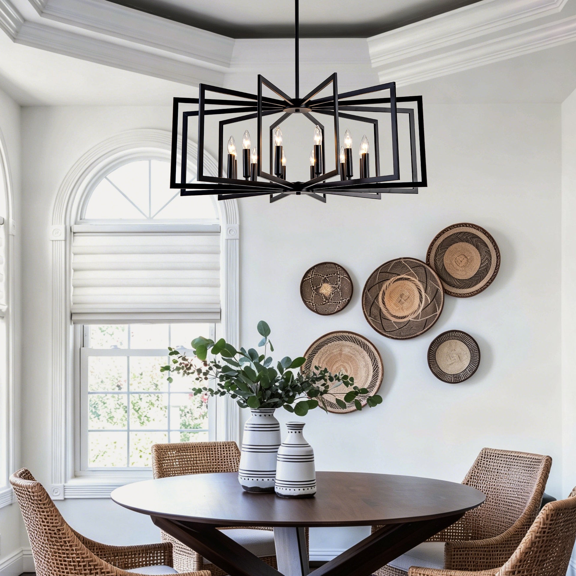 12Light Metal Lantern Tiered Pendant Hanging Light Fixtures, Industrial Farmhouse Adjustable Height Chandeliers for Dining Room Hallway Foyer Entryway--Matte Black (E26 Bulbs Not Included)
