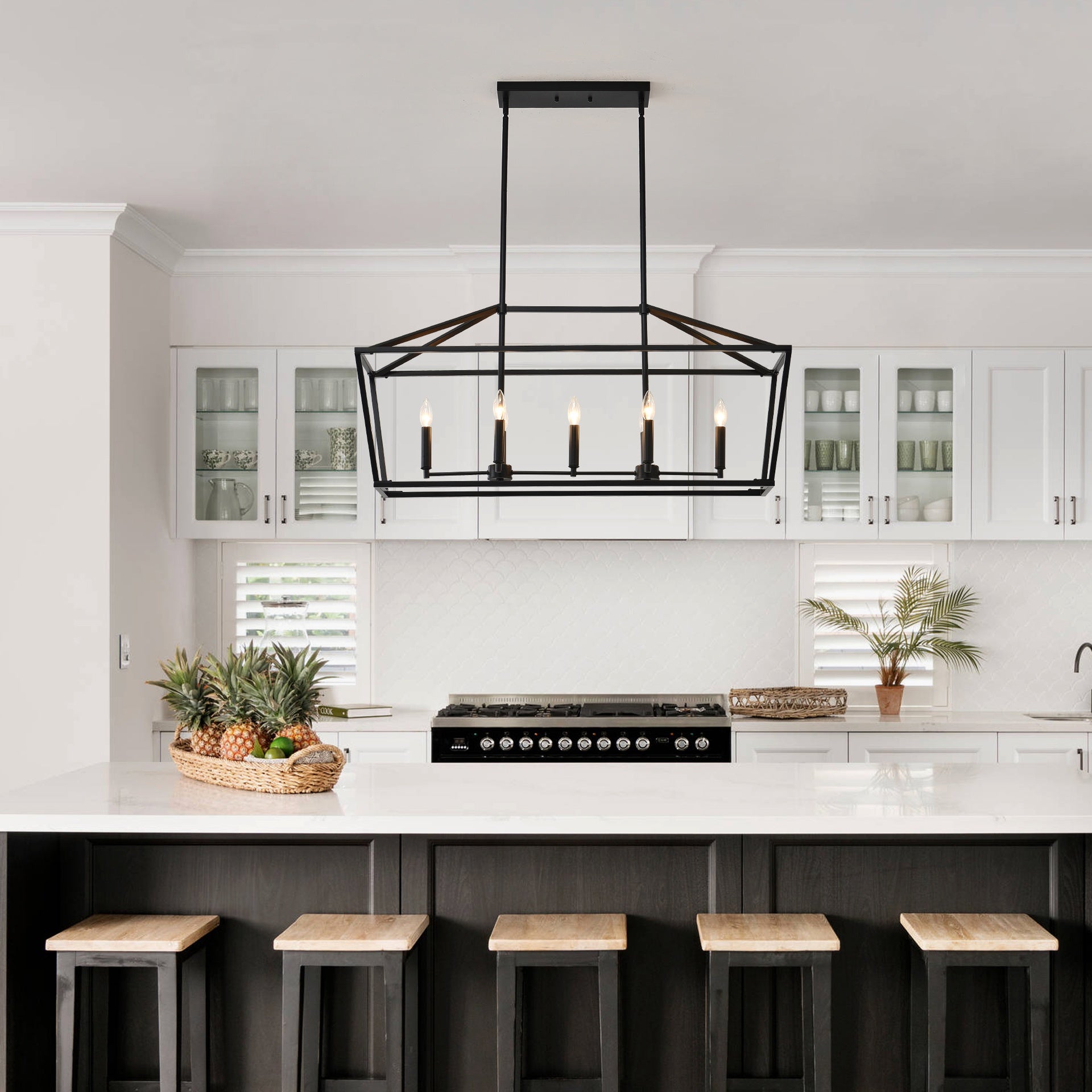 7-Light Farmhouse Kitchen Island Lighting,5 Light Industrial Linear Chandelier for Dining Room Metal Matte Black Finish Hanging Pendant Light Fixture for Bedroom Living Room Hallway Conference Room