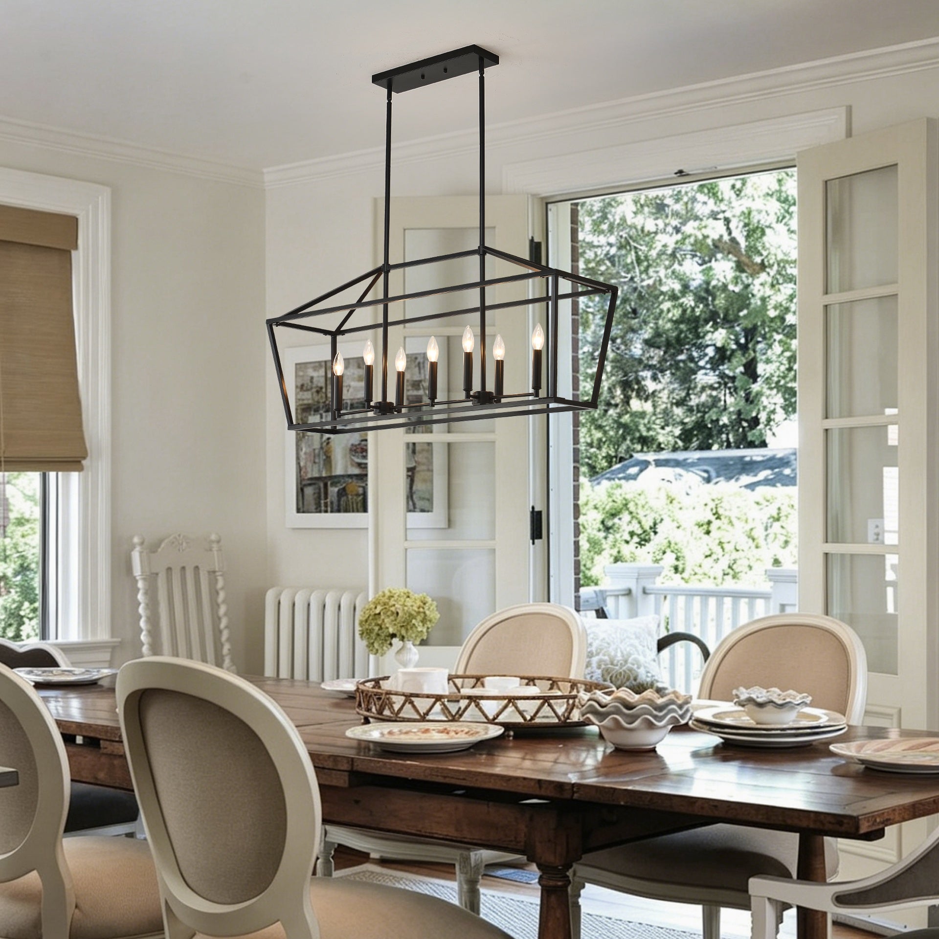 7-Light Farmhouse Kitchen Island Lighting,5 Light Industrial Linear Chandelier for Dining Room Metal Matte Black Finish Hanging Pendant Light Fixture for Bedroom Living Room Hallway Conference Room