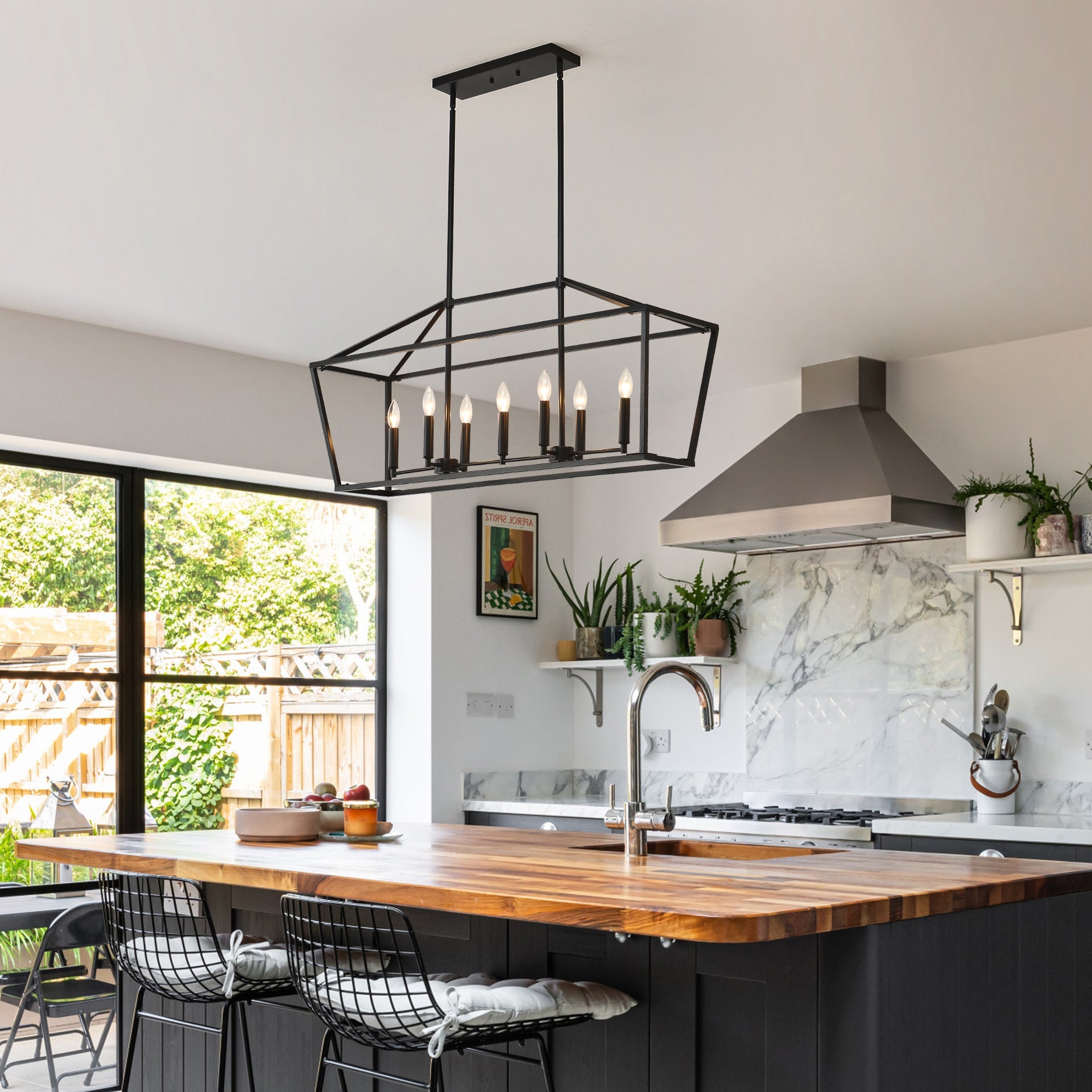 7-Light Farmhouse Kitchen Island Lighting,5 Light Industrial Linear Chandelier for Dining Room Metal Matte Black Finish Hanging Pendant Light Fixture for Bedroom Living Room Hallway Conference Room
