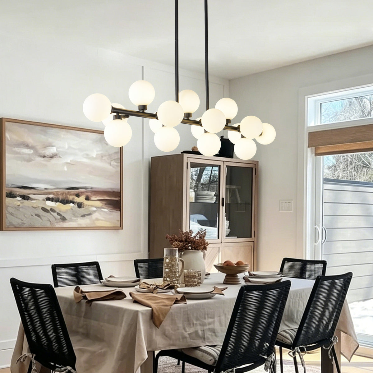 Pendant Lamp with Opal Glass Shade, 16-Lights Modern Farmhouse Ceiling Pendant Hanging Light Fixture Over Table, for Dining Room, Kitchen Island--NO INCLUDED BULBS--Matte Black+Opal