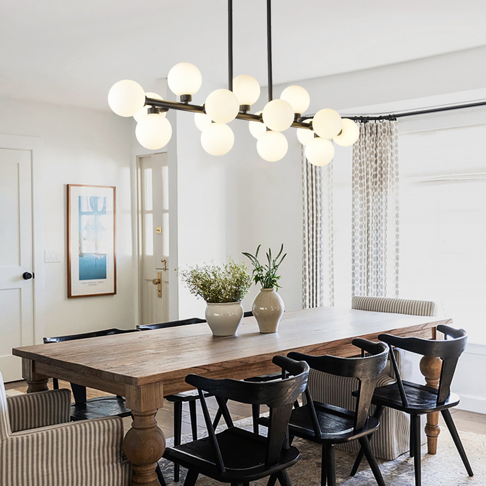 Pendant Lamp with Opal Glass Shade, 16-Lights Modern Farmhouse Ceiling Pendant Hanging Light Fixture Over Table, for Dining Room, Kitchen Island--NO INCLUDED BULBS--Matte Black+Opal