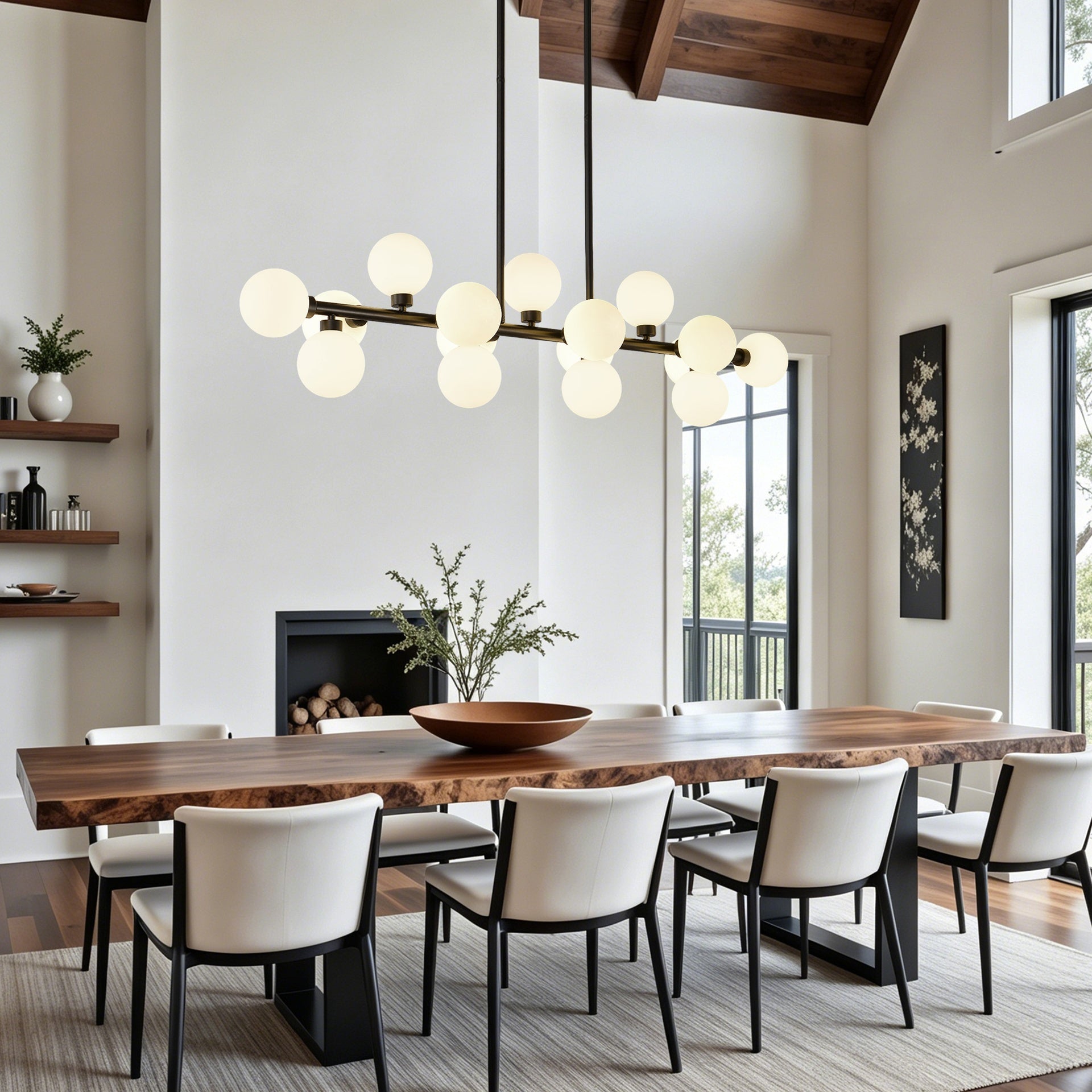Pendant Lamp with Opal Glass Shade, 16-Lights Modern Farmhouse Ceiling Pendant Hanging Light Fixture Over Table, for Dining Room, Kitchen Island--NO INCLUDED BULBS--Matte Black+Opal