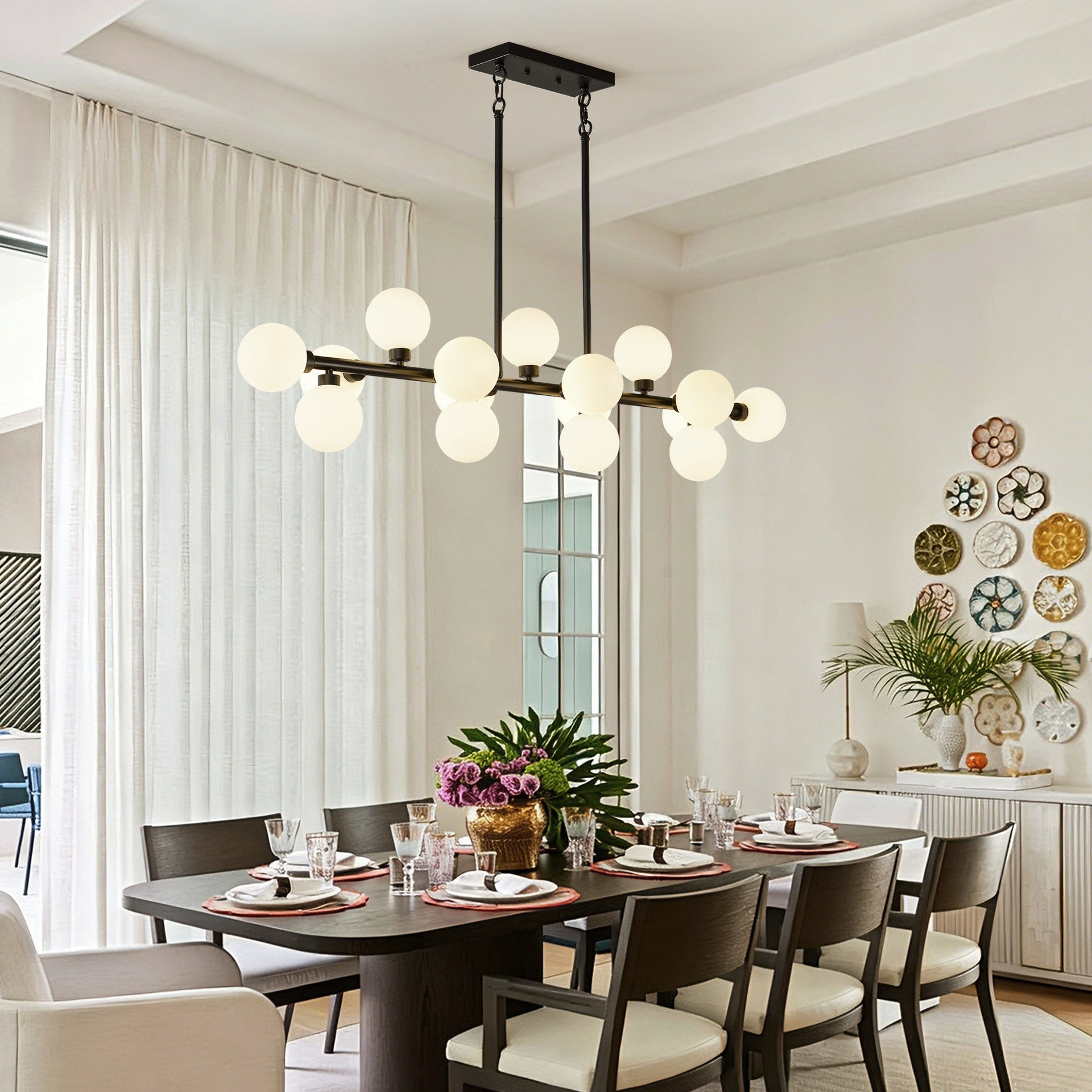 Pendant Lamp with Opal Glass Shade, 16-Lights Modern Farmhouse Ceiling Pendant Hanging Light Fixture Over Table, for Dining Room, Kitchen Island--NO INCLUDED BULBS--Matte Black+Opal