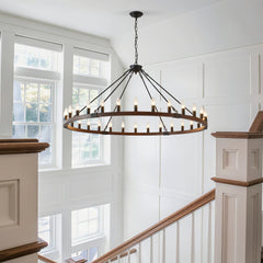 53.15 INCH Wood Wagon Wheel Chandelier Modern Farmhouse  Pendant Light 30-Light Ceiling Hanging Lighting Fixtures for Living Room Dining Room Kitchen Island Foyer--NO INCLUDED BULBS-WOOD + Matte Black