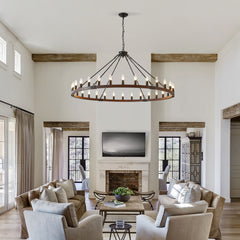 53.15 INCH Wood Wagon Wheel Chandelier Modern Farmhouse  Pendant Light 30-Light Ceiling Hanging Lighting Fixtures for Living Room Dining Room Kitchen Island Foyer--NO INCLUDED BULBS-WOOD + Matte Black