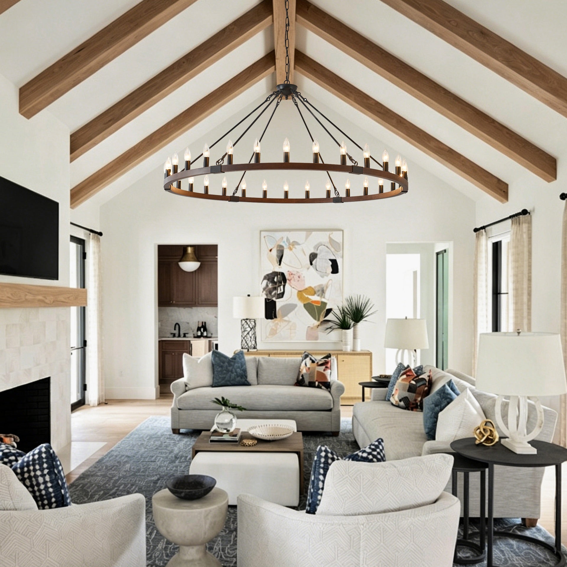 53.15 INCH Wood Wagon Wheel Chandelier Modern Farmhouse  Pendant Light 30-Light Ceiling Hanging Lighting Fixtures for Living Room Dining Room Kitchen Island Foyer--NO INCLUDED BULBS-WOOD + Matte Black