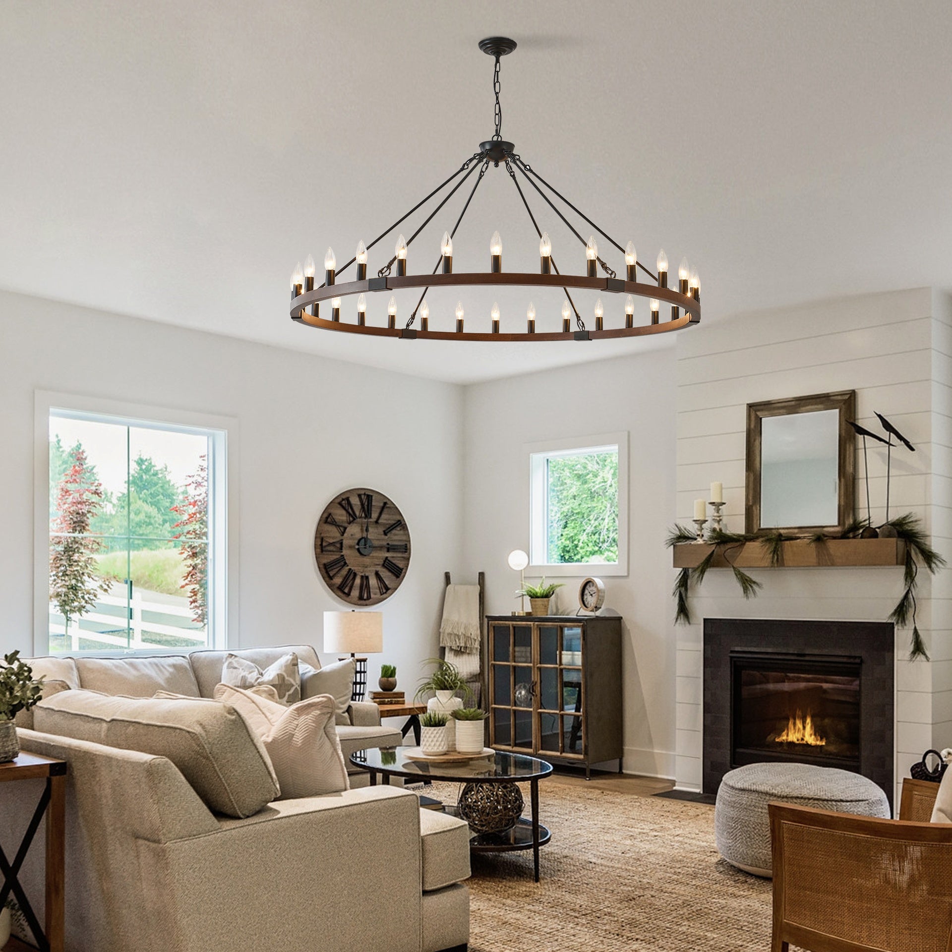 53.15 INCH Wood Wagon Wheel Chandelier Modern Farmhouse  Pendant Light 30-Light Ceiling Hanging Lighting Fixtures for Living Room Dining Room Kitchen Island Foyer--NO INCLUDED BULBS-WOOD + Matte Black