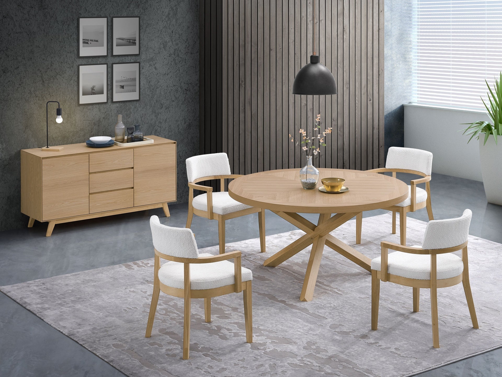 Kasem 6 Pcs Oak Finish Round Dining Table w/Matching Chair & Server Dining Room Set