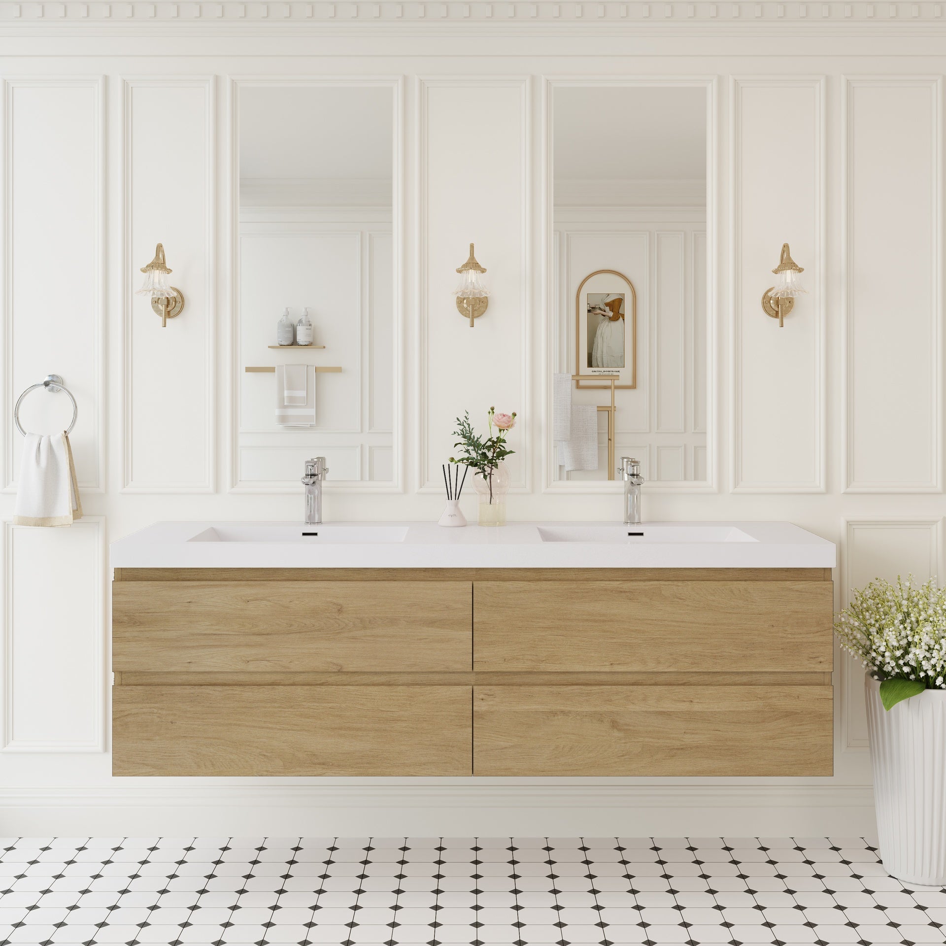 72" Floating Bathroom Vanity with Sink, Wall-Mounted Storage Cabinet with Solid Surface Top Basin, Two Sinks Four Soft Close Drawers Fully Assembled, Natural Oak 24V11-72NO-W1920P385505