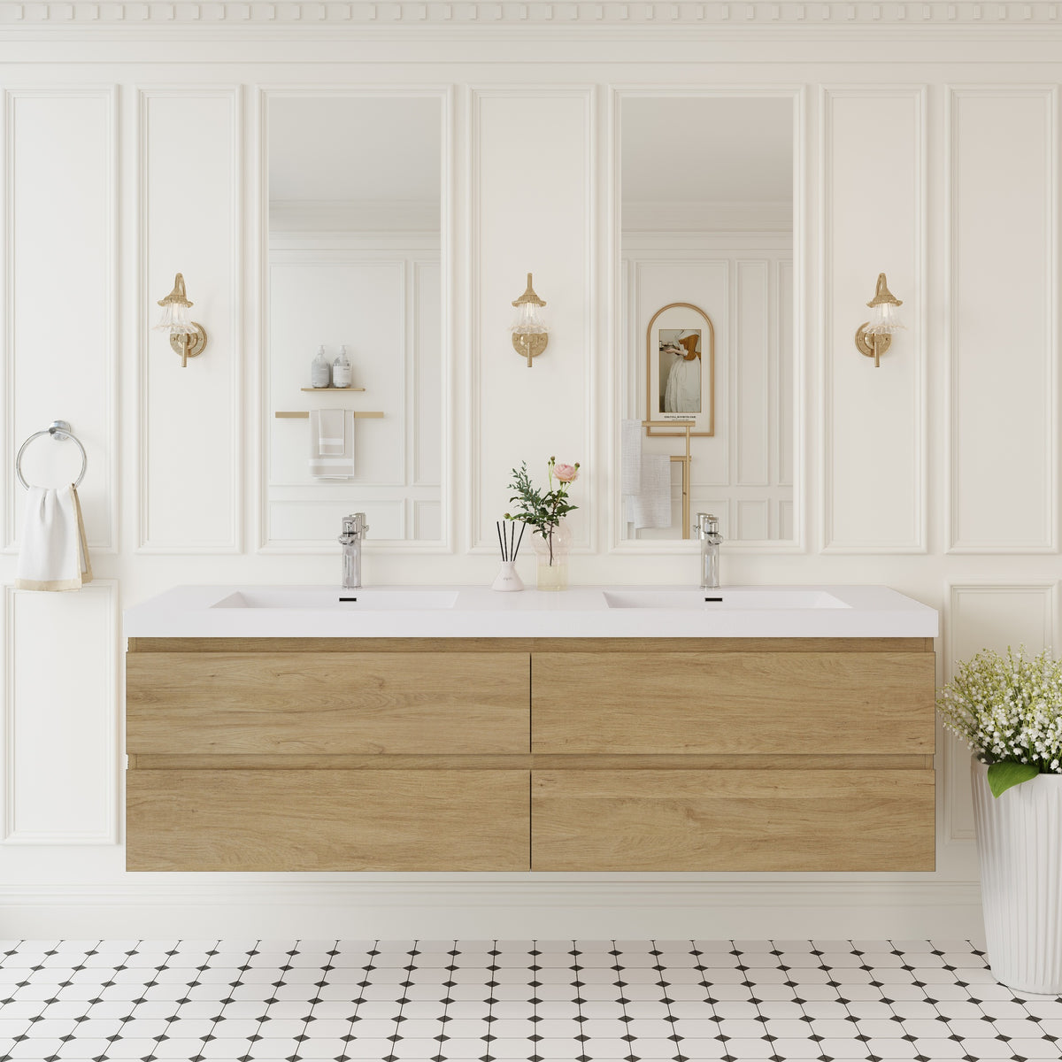 72" Floating Bathroom Vanity with Sink, Wall-Mounted Storage Cabinet with Solid Surface Top Basin, Two Sinks Four Soft Close Drawers Fully Assembled, Natural Oak 24V11-72NO-W1920P385505