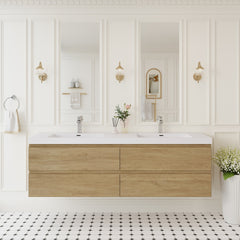 72" Floating Bathroom Vanity with Sink, Wall-Mounted Storage Cabinet with Solid Surface Top Basin, Two Sinks Four Soft Close Drawers Fully Assembled, Natural Oak 24V11-72NO-W1920P385505