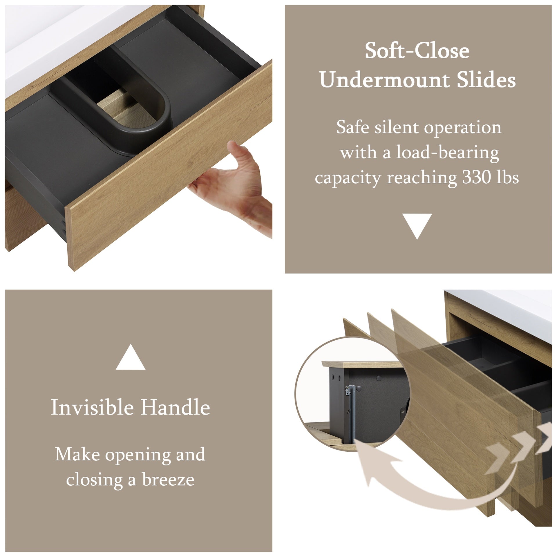 72" Floating Bathroom Vanity with Sink, Wall-Mounted Storage Cabinet with Solid Surface Top Basin, Two Sinks Four Soft Close Drawers Fully Assembled, Natural Oak 24V11-72NO-W1920P385505