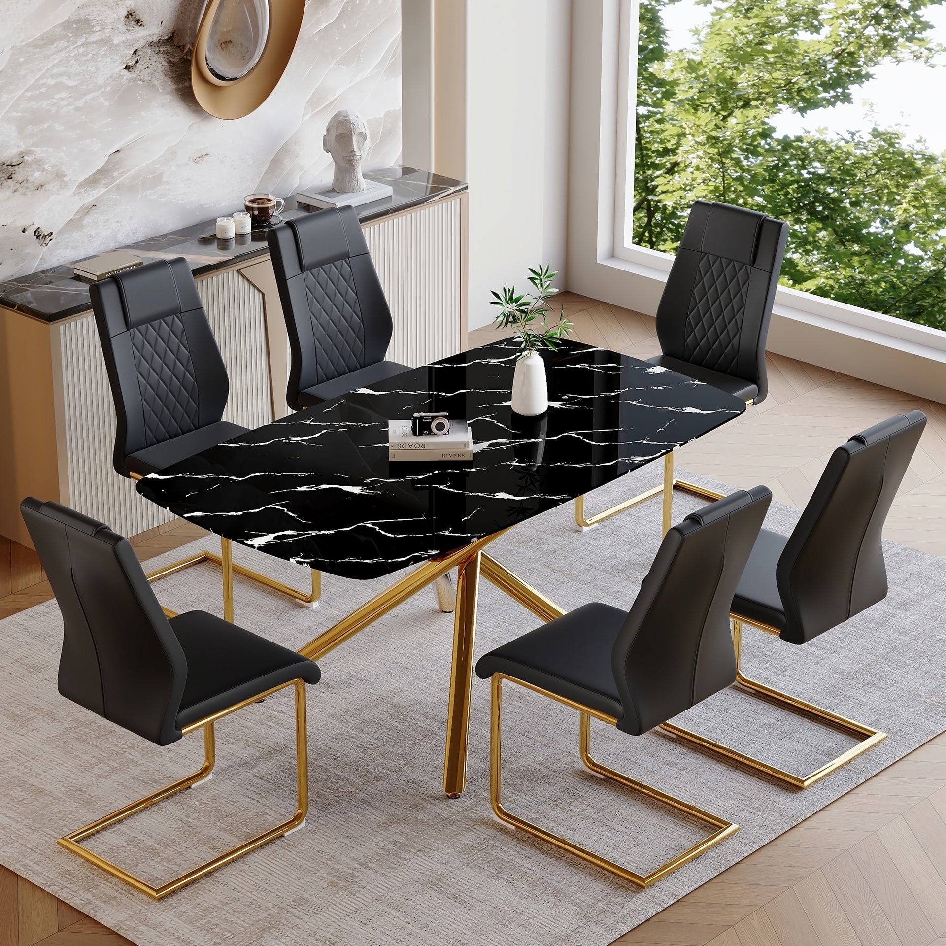 Table and chair set.63"x35.4"x30" Luxurious Black Marble-Patterned Tempered Glass Dining Table.Single Fork Golden Metal Table Legs.Paried With 6 Black High-quality PU Chairs With Arched Metal Legs.