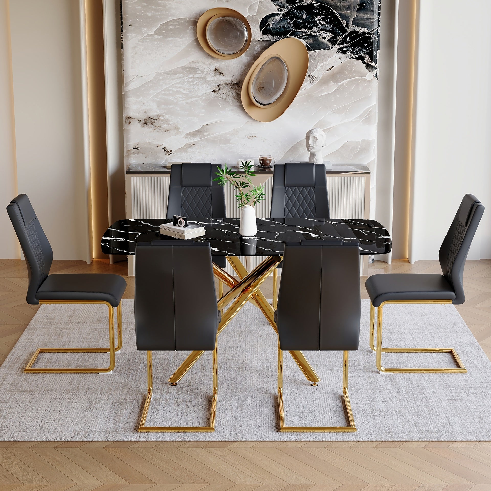 Table and chair set.63"x35.4"x30" Luxurious Black Marble-Patterned Tempered Glass Dining Table.Single Fork Golden Metal Table Legs.Paried With 6 Black High-quality PU Chairs With Arched Metal Legs.