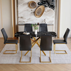 Table and chair set.63"x35.4"x30" Luxurious Black Marble-Patterned Tempered Glass Dining Table.Single Fork Golden Metal Table Legs.Paried With 6 Black High-quality PU Chairs With Arched Metal Legs.
