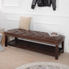Bedroom End of Bed Bench Tufted Upholstered End of Bed Bench End of Bed Entrance Shoe Bench, 60" with Nailhead Trim and Shelf Bedroom Upholstered Leather Bench Living Room Shoe Rack Footstool (brown)