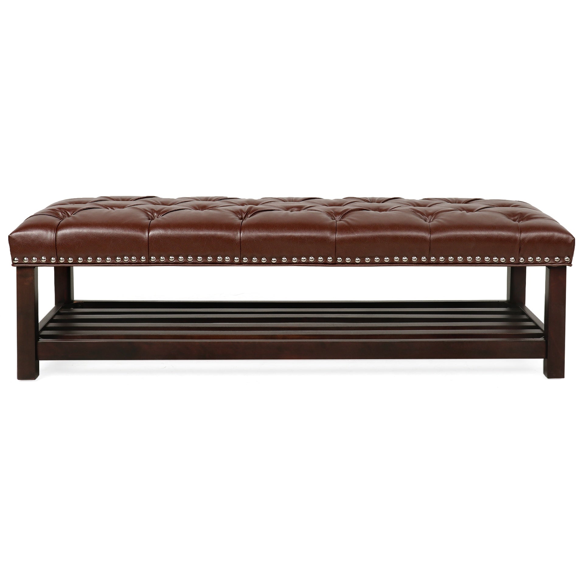 Bedroom End of Bed Bench Tufted Upholstered End of Bed Bench End of Bed Entrance Shoe Bench, 60" with Nailhead Trim and Shelf Bedroom Upholstered Leather Bench Living Room Shoe Rack Footstool (brown)
