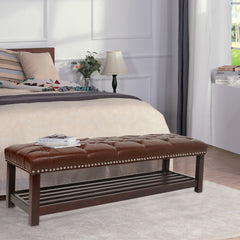 Bedroom End of Bed Bench Tufted Upholstered End of Bed Bench End of Bed Entrance Shoe Bench, 60" with Nailhead Trim and Shelf Bedroom Upholstered Leather Bench Living Room Shoe Rack Footstool (brown)