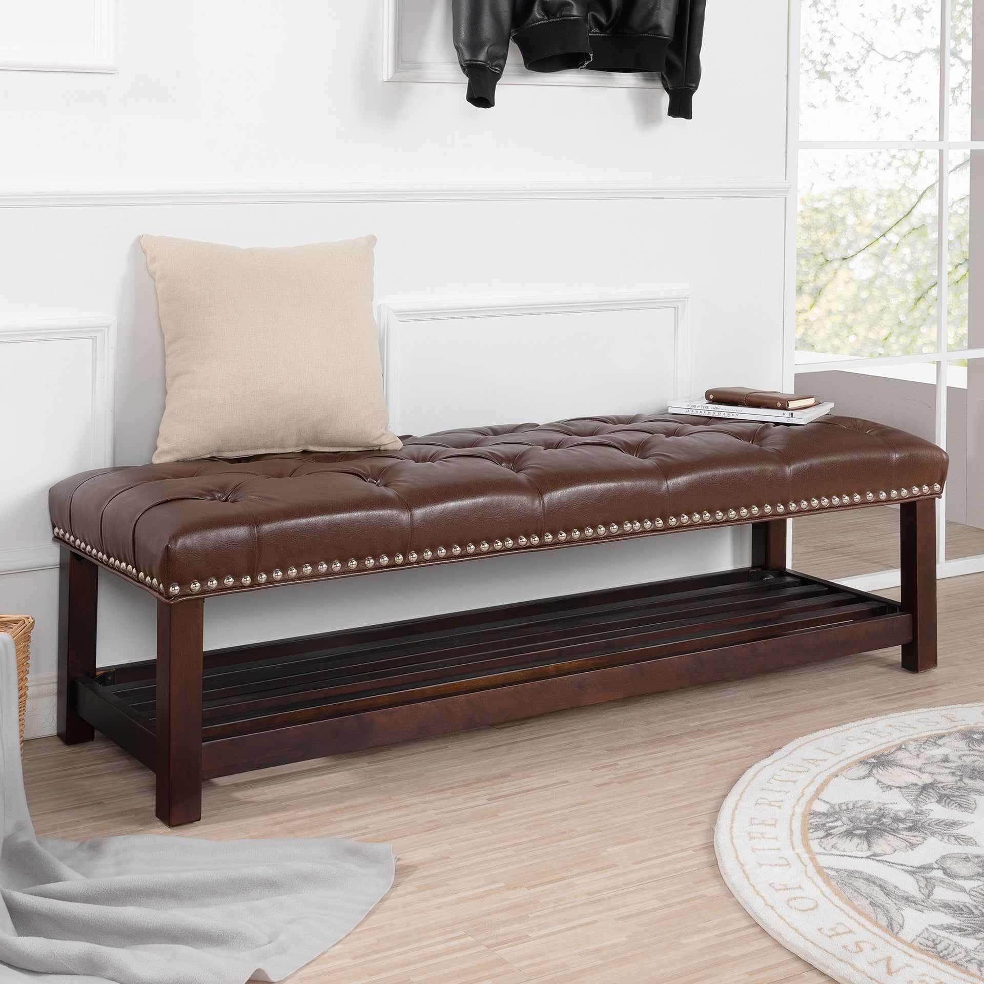 Bedroom End of Bed Bench Tufted Upholstered End of Bed Bench End of Bed Entrance Shoe Bench, 60" with Nailhead Trim and Shelf Bedroom Upholstered Leather Bench Living Room Shoe Rack Footstool (brown)