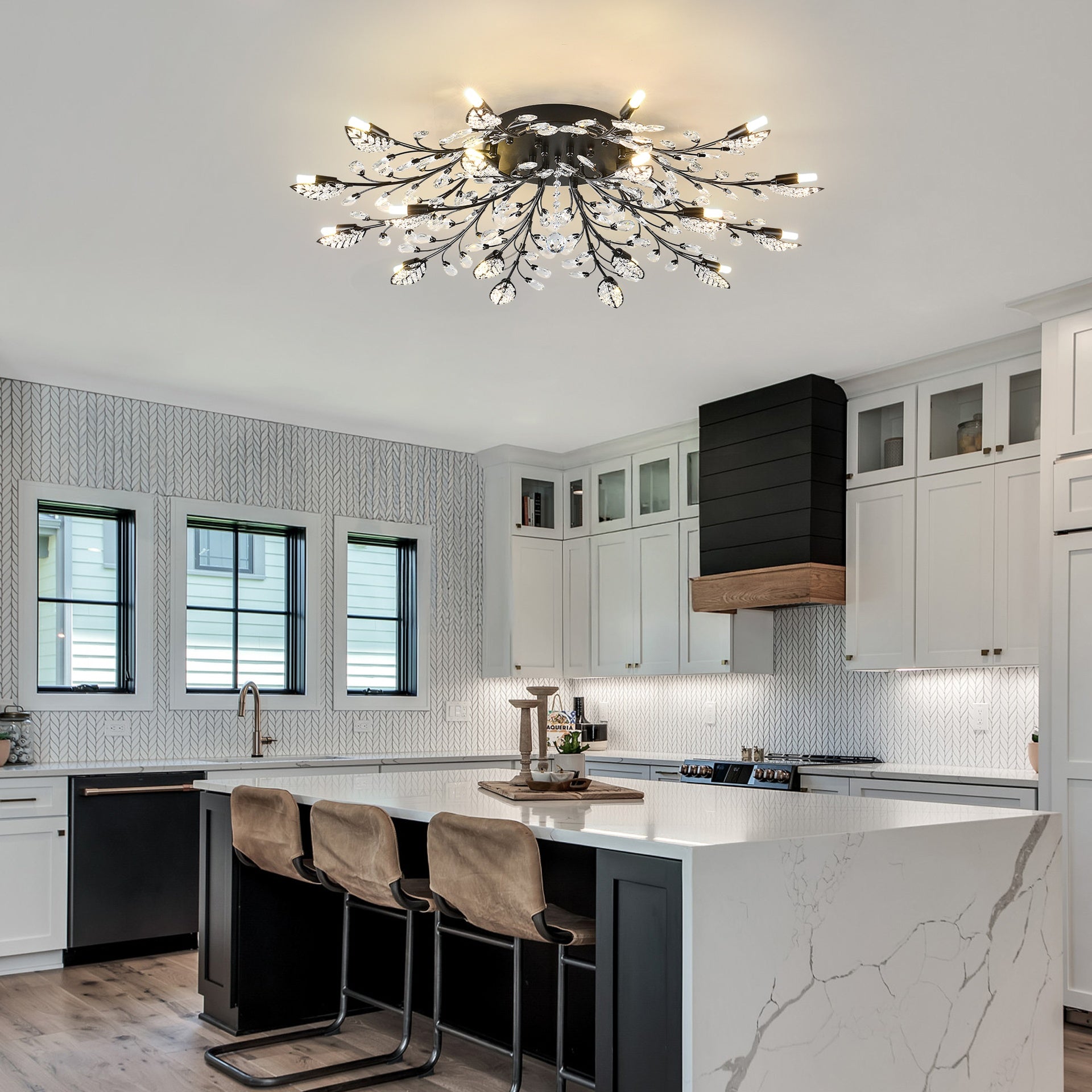 18-Light Chandelier Crystal Ceiling Lamp, 18-Lights Modern Farmhouse Ceiling Ceiling Hanging Light Fixture Over Table, for Dining Room, Kitchen Island--NO INCLUDED BULBS--Matte Black