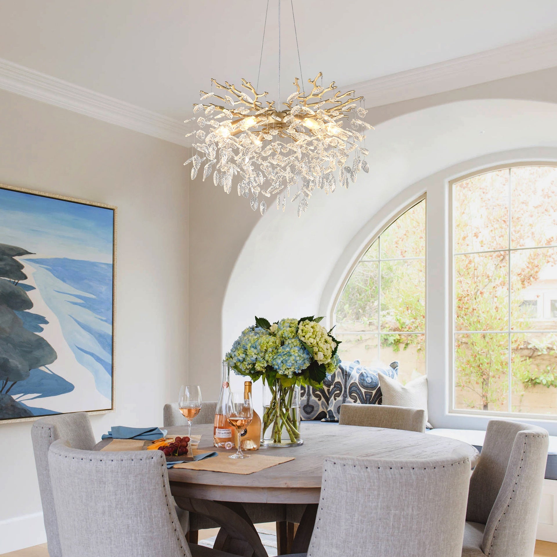 10-Light Chandelier Maple Leaf Crystal Ceiling Lamp, 10-Lights Modern Farmhouse Ceiling Ceiling Hanging Light Fixture , for Dining Room, Kitchen Island--NO INCLUDED BULBS--GOLD