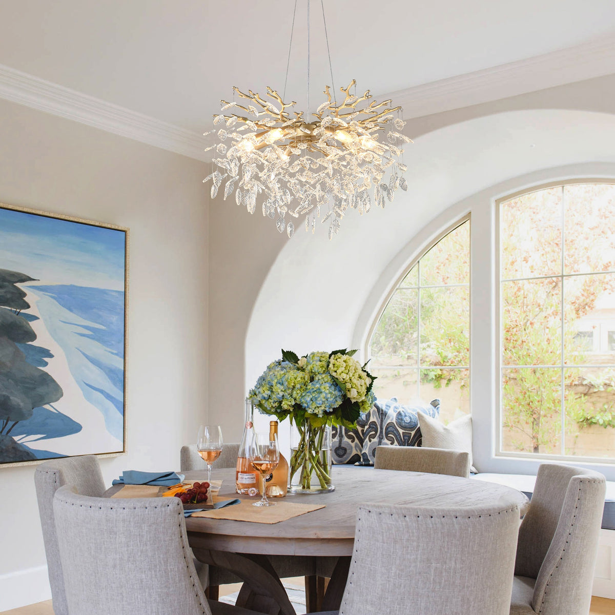 10-Light Chandelier Maple Leaf Crystal Ceiling Lamp, 10-Lights Modern Farmhouse Ceiling Ceiling Hanging Light Fixture , for Dining Room, Kitchen Island--NO INCLUDED BULBS--GOLD