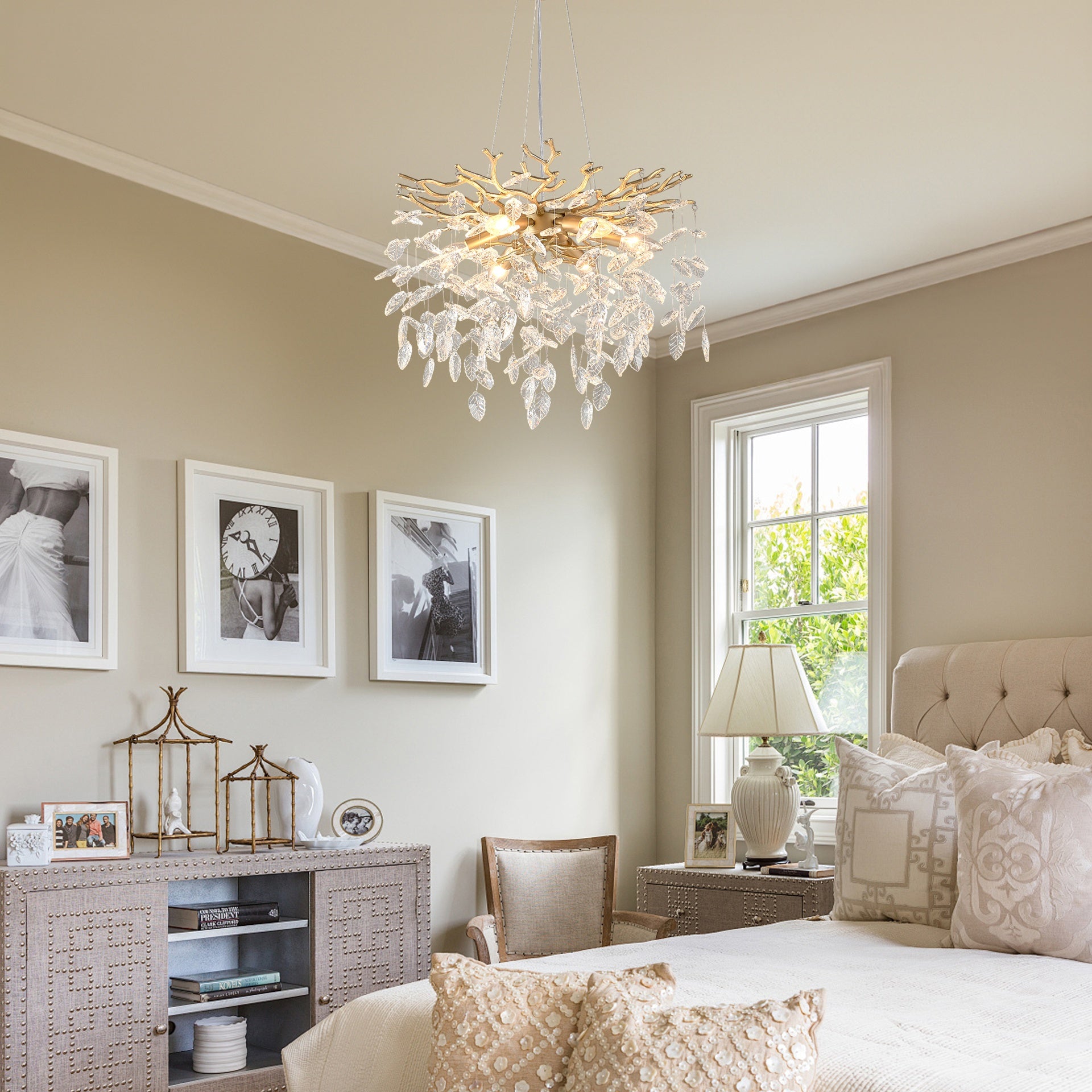 6-Light Chandelier Crystal Ceiling Lamp, 6-Lights Modern Farmhouse Ceiling Ceiling Hanging Light Fixture , for Dining Room, Kitchen Island--NO INCLUDED BULBS--GOLD