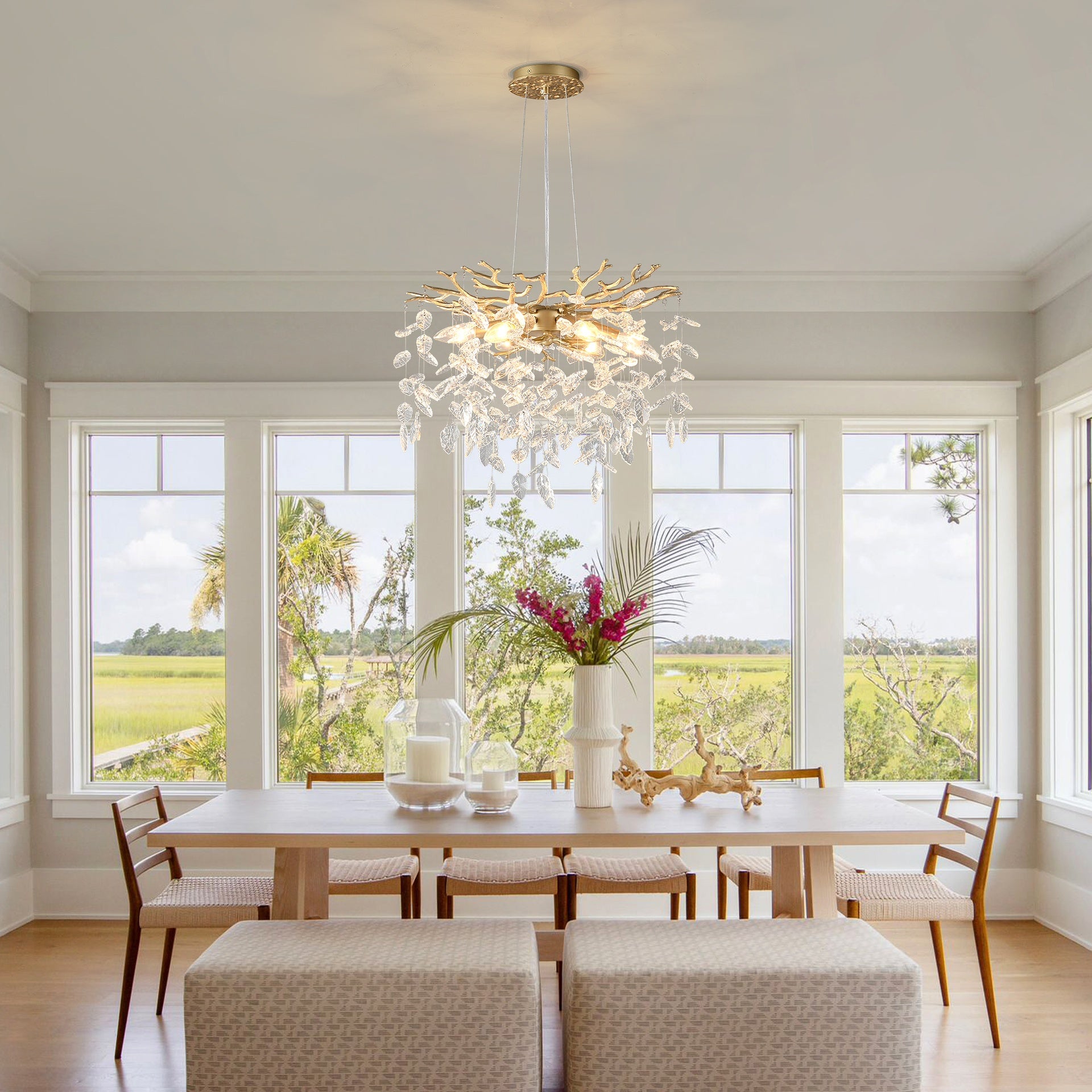 6-Light Chandelier Crystal Ceiling Lamp, 6-Lights Modern Farmhouse Ceiling Ceiling Hanging Light Fixture , for Dining Room, Kitchen Island--NO INCLUDED BULBS--GOLD