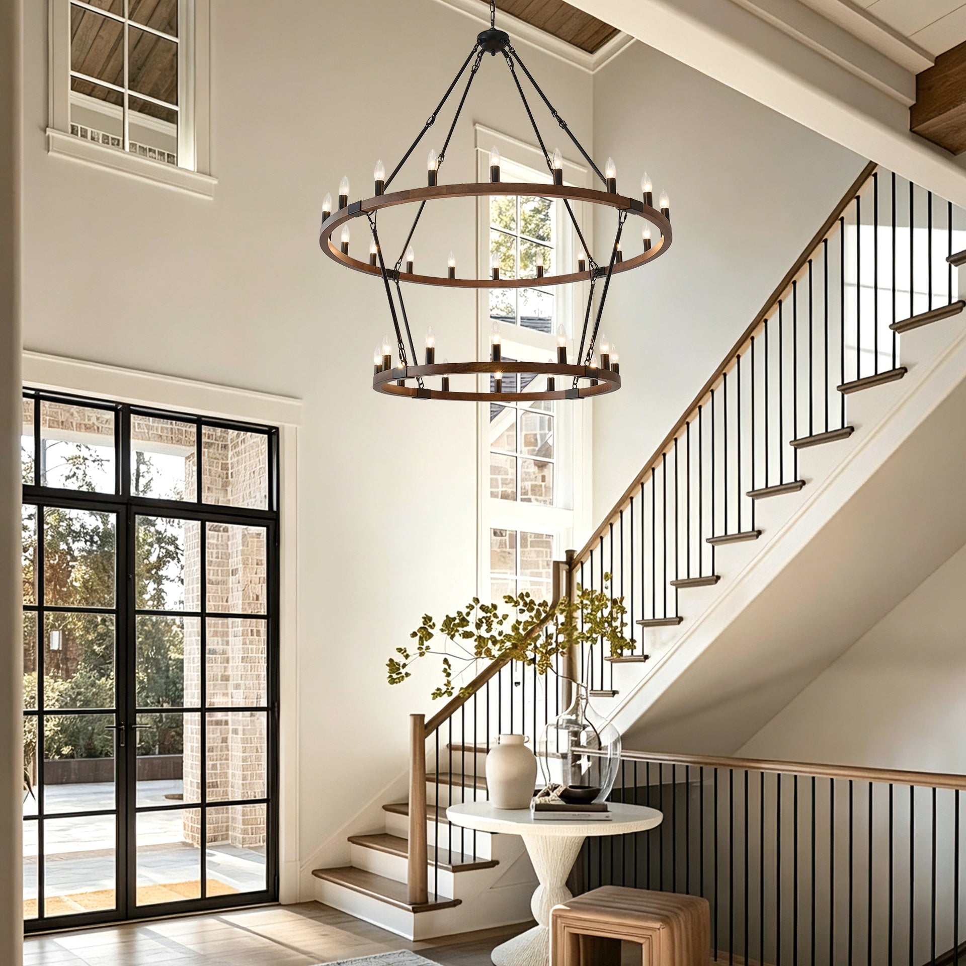 Large Solid Wood Wagon Wheel Chandelier,2Tier 32-Lights Farmhouse Industrial Country Style Round Pendant Light Fixture for Outdoor Porch high Ceilings Living Dining Room Foyer Entryway-Wood Grain