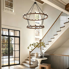 Large Solid Wood Wagon Wheel Chandelier,2Tier 32-Lights Farmhouse Industrial Country Style Round Pendant Light Fixture for Outdoor Porch high Ceilings Living Dining Room Foyer Entryway-Wood Grain