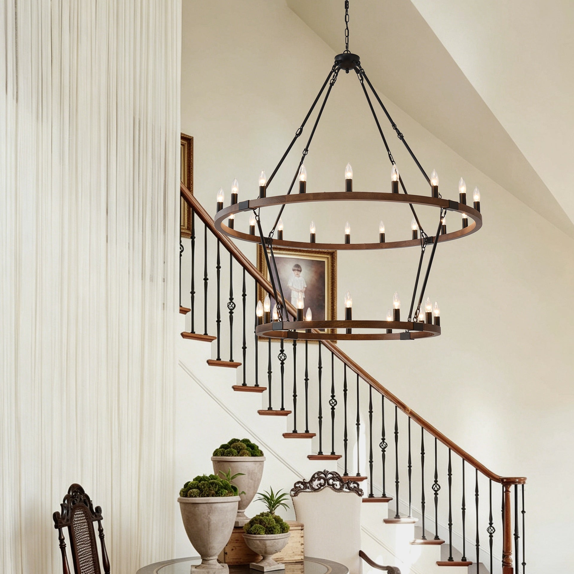 Large Solid Wood Wagon Wheel Chandelier,2Tier 32-Lights Farmhouse Industrial Country Style Round Pendant Light Fixture for Outdoor Porch high Ceilings Living Dining Room Foyer Entryway-Wood Grain