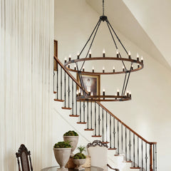Large Solid Wood Wagon Wheel Chandelier,2Tier 32-Lights Farmhouse Industrial Country Style Round Pendant Light Fixture for Outdoor Porch high Ceilings Living Dining Room Foyer Entryway-Wood Grain