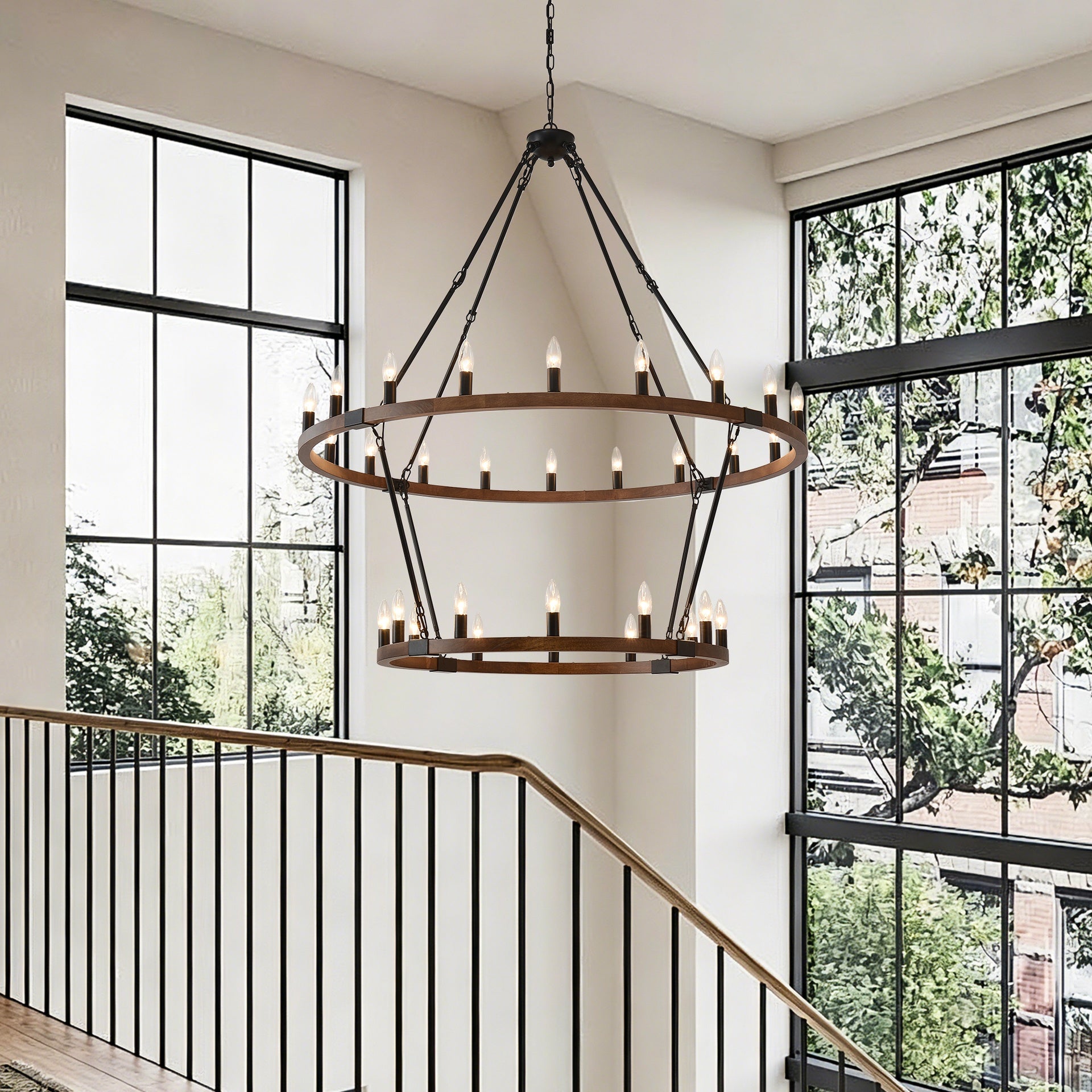 Large Solid Wood Wagon Wheel Chandelier,2Tier 32-Lights Farmhouse Industrial Country Style Round Pendant Light Fixture for Outdoor Porch high Ceilings Living Dining Room Foyer Entryway-Wood Grain