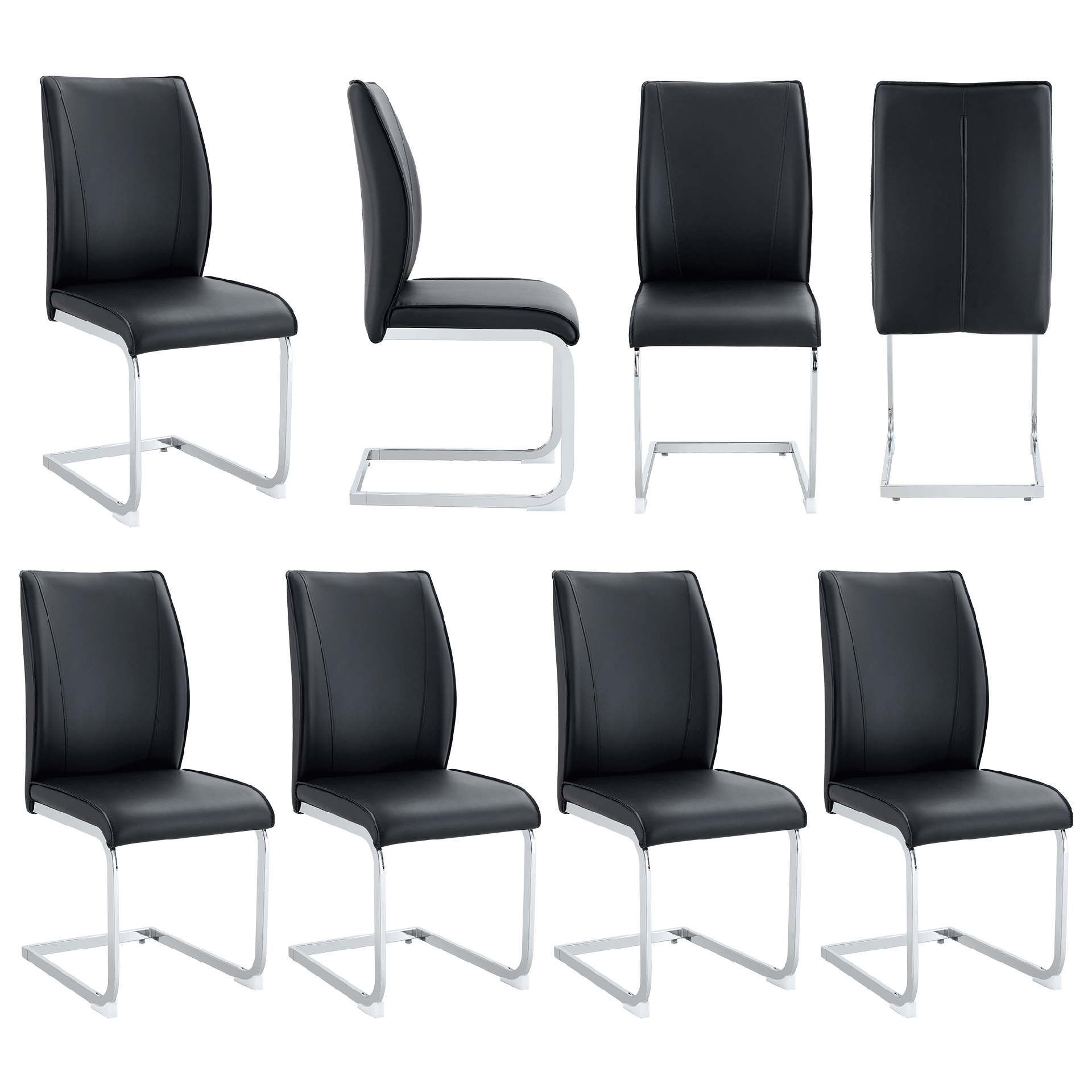 Luxury Simple Arch Chair - Set of 8 Black PU Material High Resilience Dining Chair with Arched Metal Silver Leg.Packed In Two Boxes.