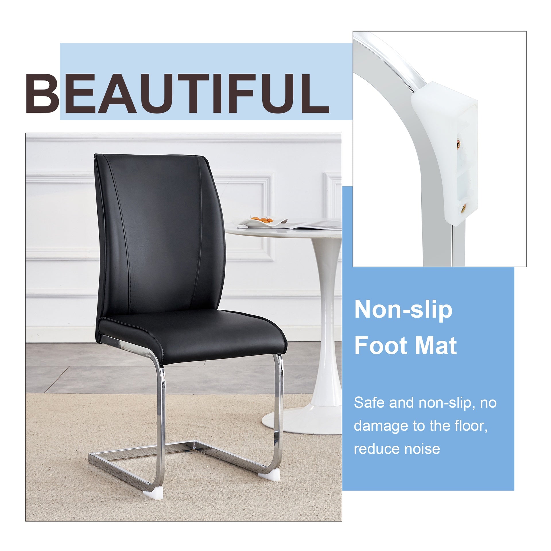 Luxury Simple Arch Chair - Set of 8 Black PU Material High Resilience Dining Chair with Arched Metal Silver Leg.Packed In Two Boxes.