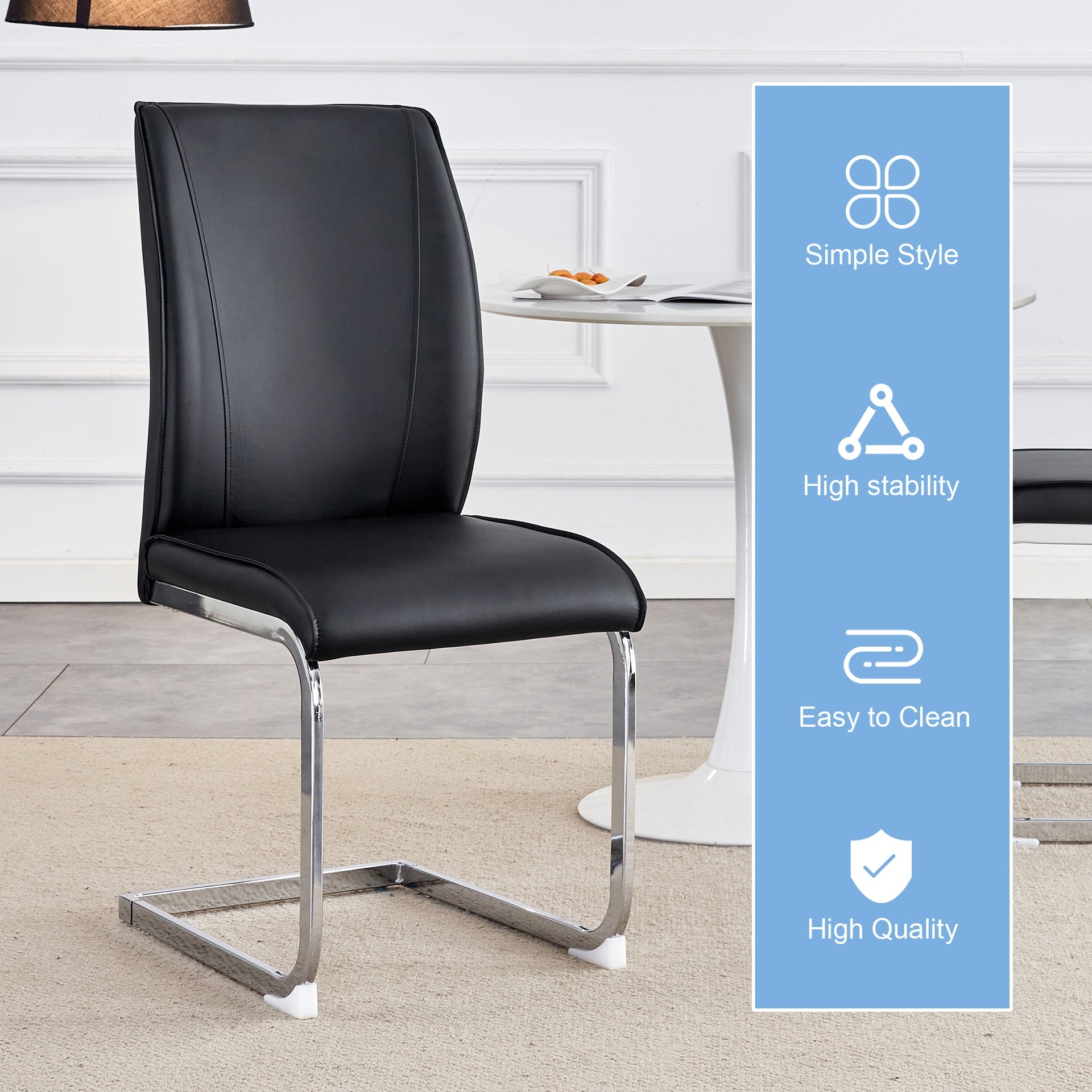 Luxury Simple Arch Chair - Set of 8 Black PU Material High Resilience Dining Chair with Arched Metal Silver Leg.Packed In Two Boxes.