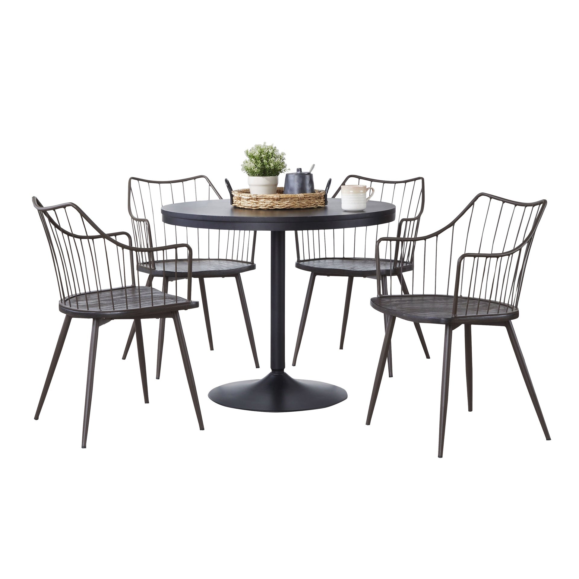 Dakota-Winston Contemporary Dining Set in Black Metal with Black Wood Tabletop and Brown Metal with Dark Walnut Wood by LumiSource - 5 Piece