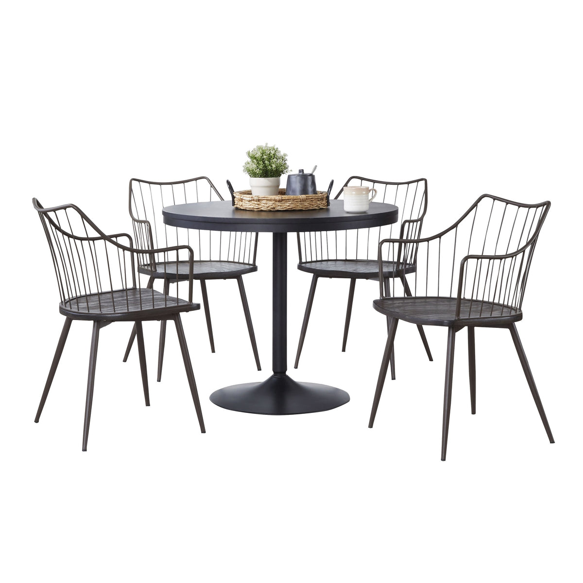 Dakota-Winston Contemporary Dining Set in Black Metal with Black Wood Tabletop and Brown Metal with Dark Walnut Wood by LumiSource - 5 Piece