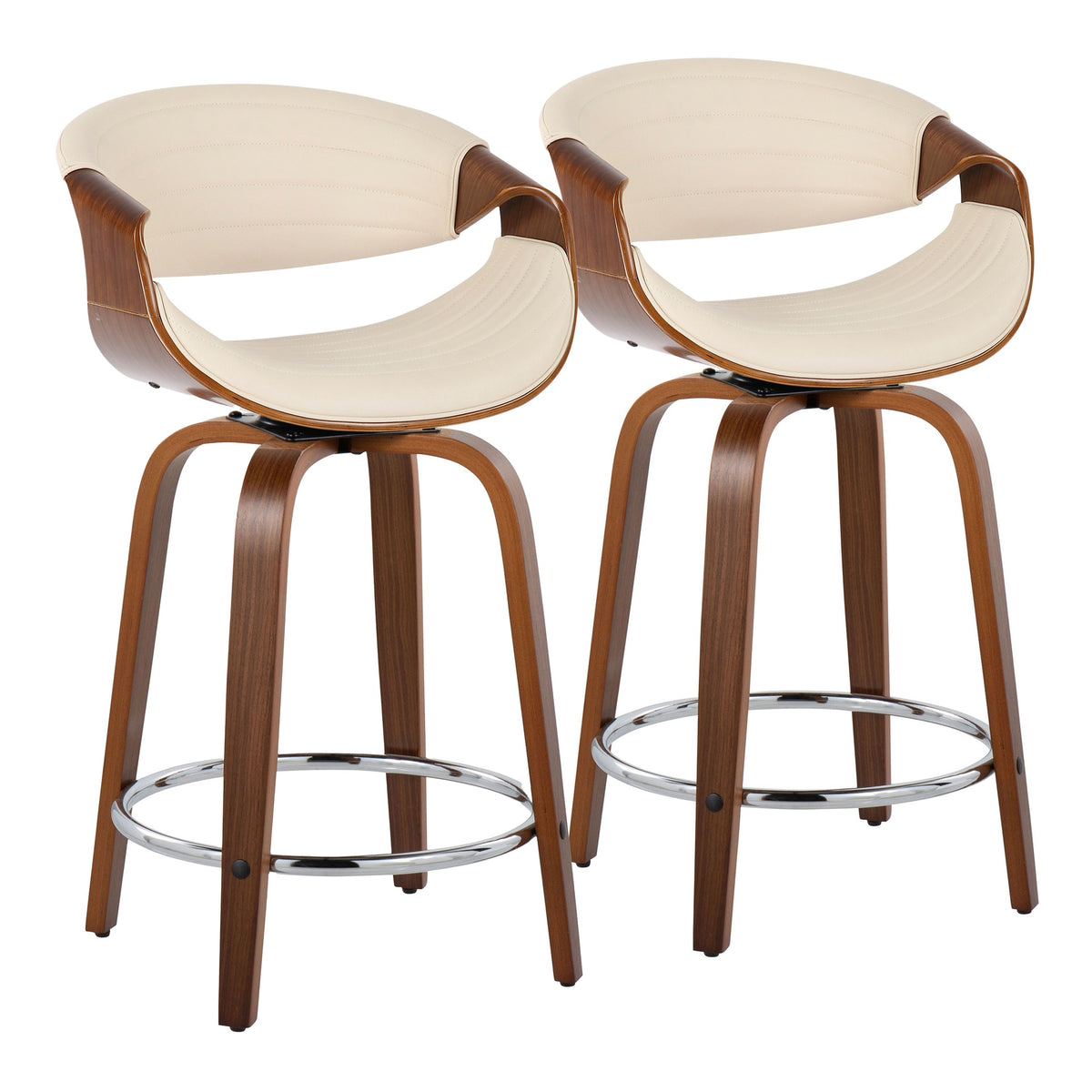 Symphony 24" Mid-Century Modern Fixed-Height Counter Stool with Swivel in Walnut Wood and Cream Faux Leather with Round Chrome Metal Footrest by LumiSource - Set of 2