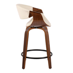 Symphony 24" Mid-Century Modern Fixed-Height Counter Stool with Swivel in Walnut and Cream Faux Leather with Round Black Metal Footrest by LumiSource - Set of 2