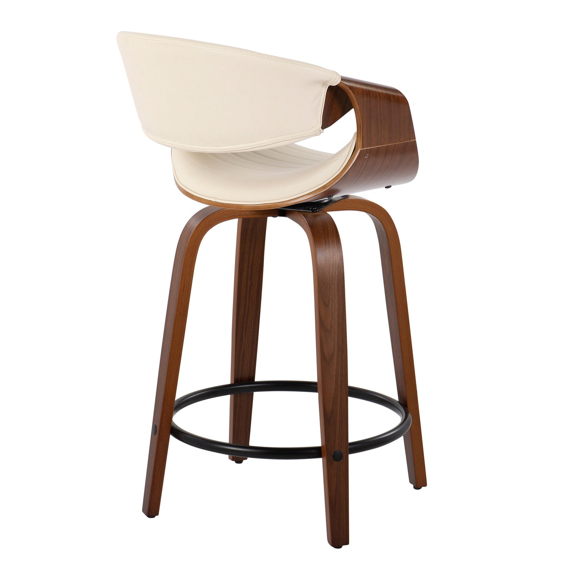 Symphony 24" Mid-Century Modern Fixed-Height Counter Stool with Swivel in Walnut and Cream Faux Leather with Round Black Metal Footrest by LumiSource - Set of 2