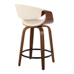 Symphony 24" Mid-Century Modern Fixed-Height Counter Stool with Swivel in Walnut and Cream Faux Leather with Round Black Metal Footrest by LumiSource - Set of 2