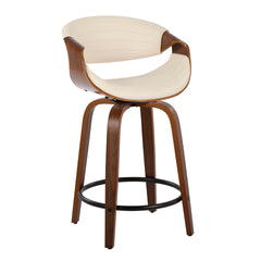 Symphony 24" Mid-Century Modern Fixed-Height Counter Stool with Swivel in Walnut and Cream Faux Leather with Round Black Metal Footrest by LumiSource - Set of 2