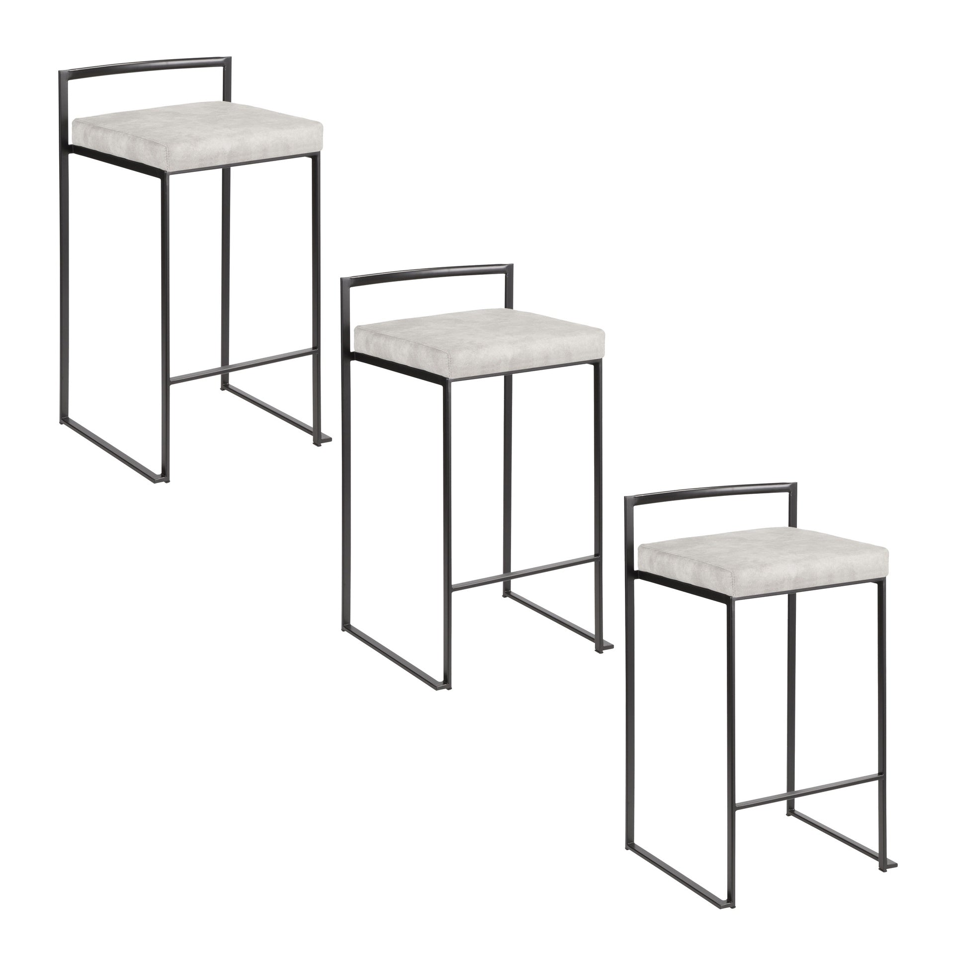 Fuji 26" Contemporary Stackable Counter Stool in Black Metal with Light Grey Cowboy Fabric Cushion by LumiSource - Set of 3