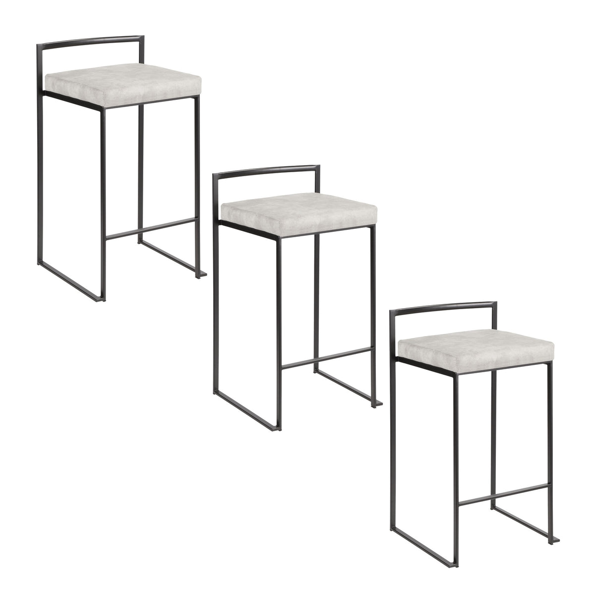 Fuji 26" Contemporary Stackable Counter Stool in Black Metal with Light Grey Cowboy Fabric Cushion by LumiSource - Set of 3