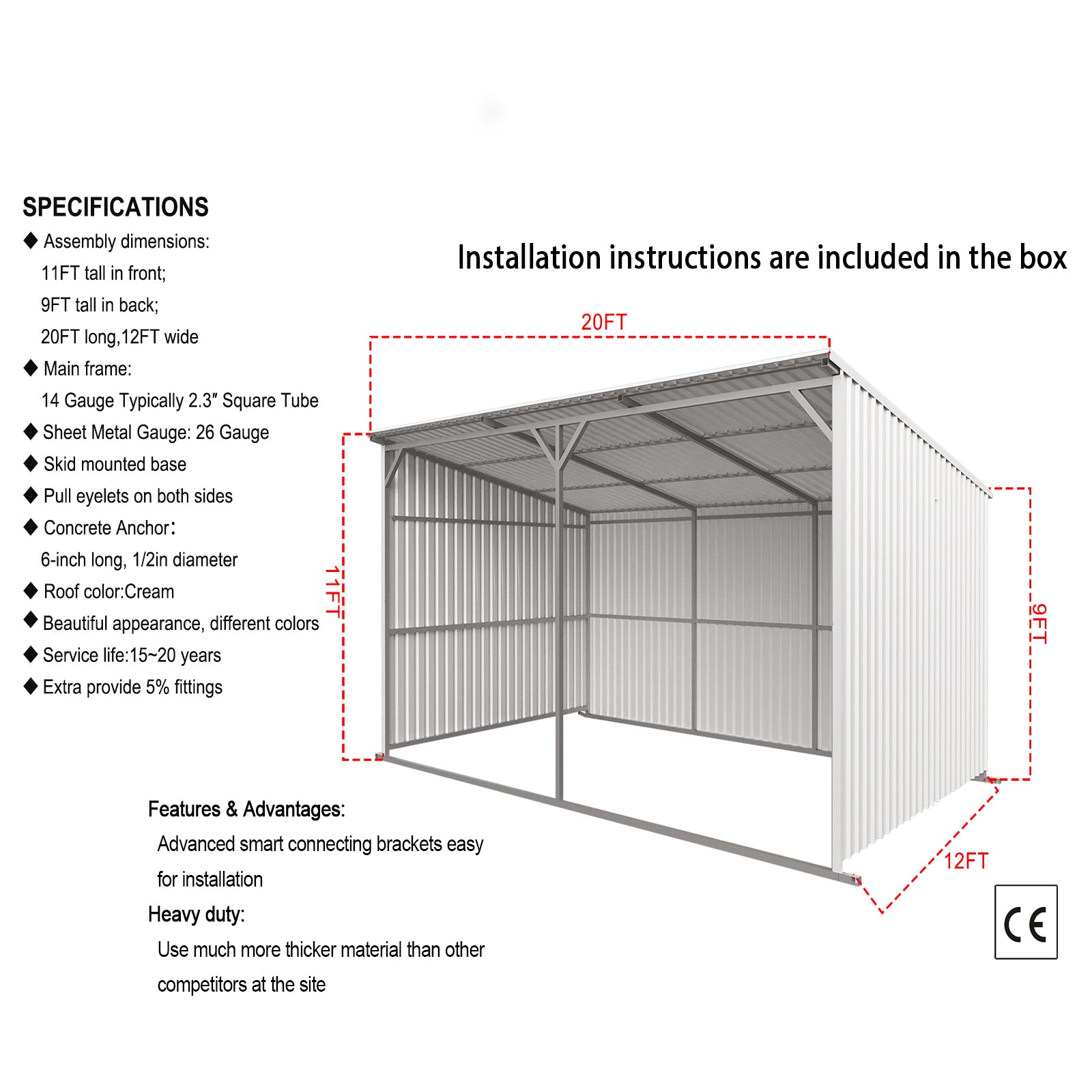 20FT x 12FT Livestock Metal Shed – Heavy-Duty Steel Shelter with Skid Base Storage Shed