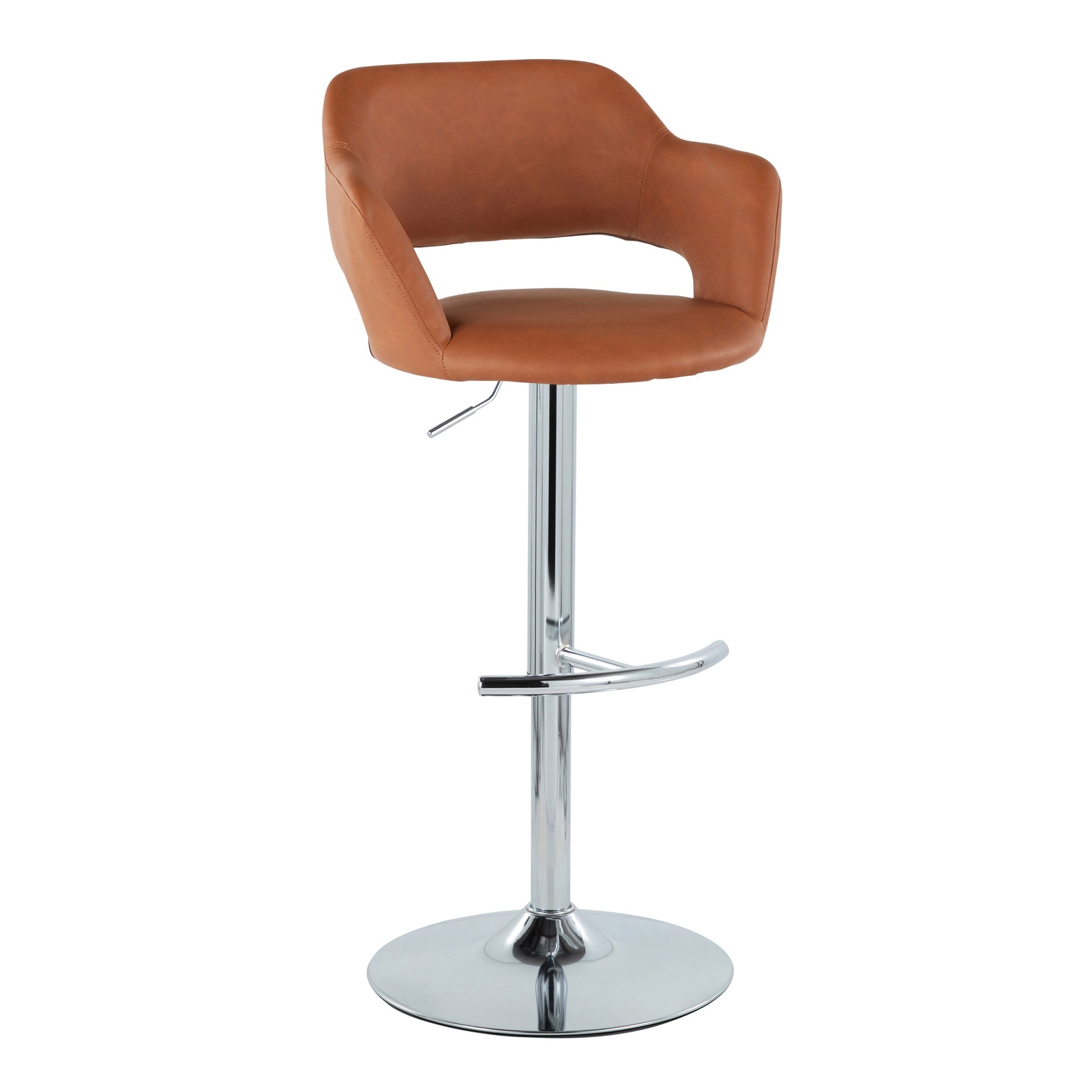 Margarite Contemporary Ajustable Barstool with Swivel in Chrome Metal and Brown Faux Leather with Rounded T Footrest by LumiSource - Set of 2