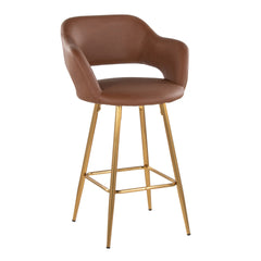 Margarite 26" Contemporary Fixed-Height Counter Stool in Gold Metal and Brown Faux Leather with Square Gold Metal Footrest by LumiSource - Set of 2