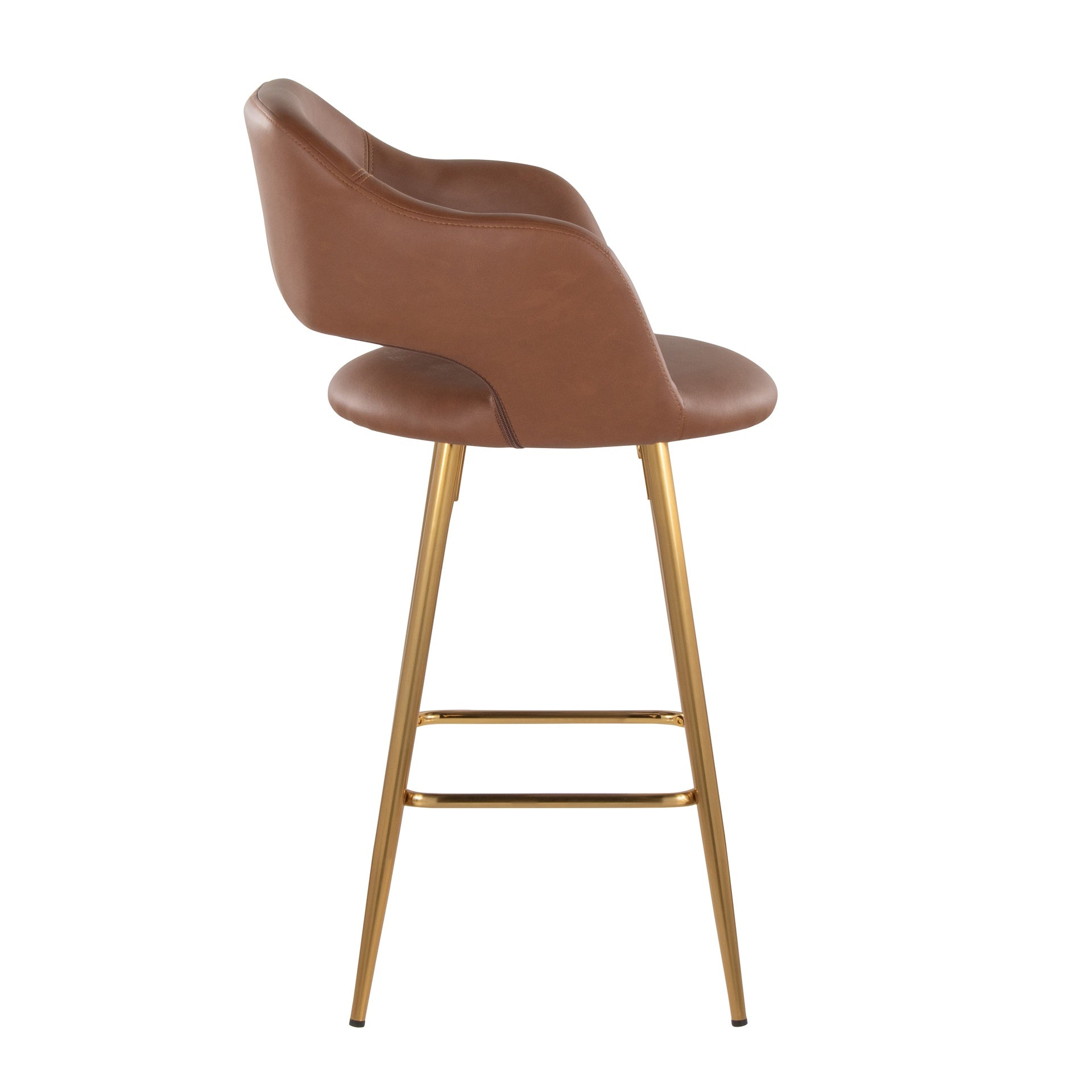 Margarite 26" Contemporary Fixed-Height Counter Stool in Gold Metal and Brown Faux Leather with Square Gold Metal Footrest by LumiSource - Set of 2